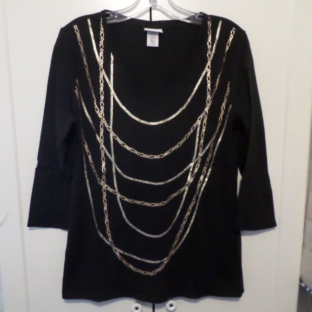 Jaclyn Smith Status Print Gold Chains V Neck Tee Sz L